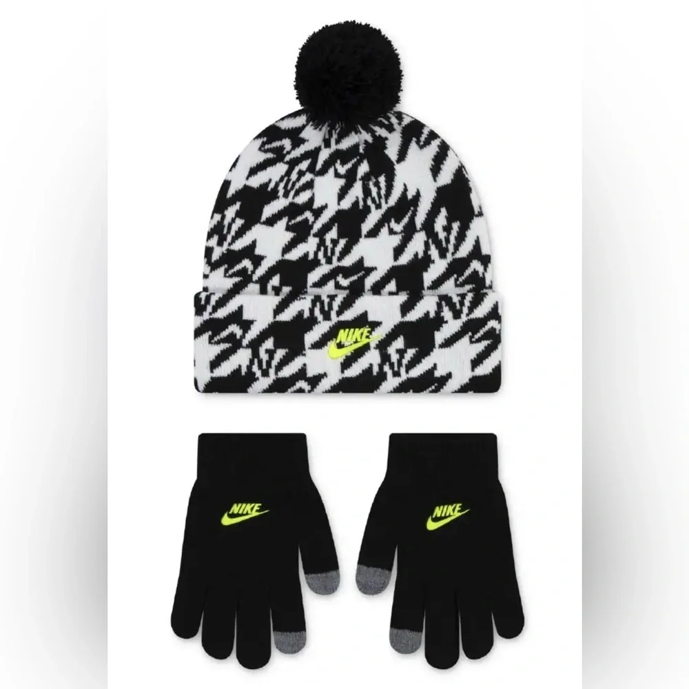 Nike 2pc. Knit Cuffed pom-pom beanie,touch screen gloves,pattern,neon green logo